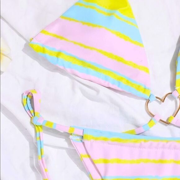 NEW! Y2K Neon Summer Stripe Stringy Heart Detail Triangle Bikini Top - Picture 12 of 14